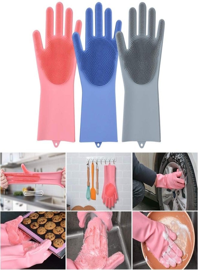 Iktu Silicone Gloves with Wash Scrubber Non-Slip Magic Latex Gloves for Household Cleaning Great for Protecting Hands in Dish-Washing Car Washing Kitchen Bathroom Cleaning (1 Pair) - Image 5